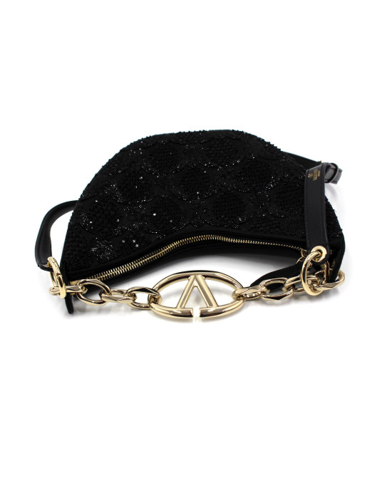 Valentino VLogo Mini Hobo Tela e Paillettes Nere