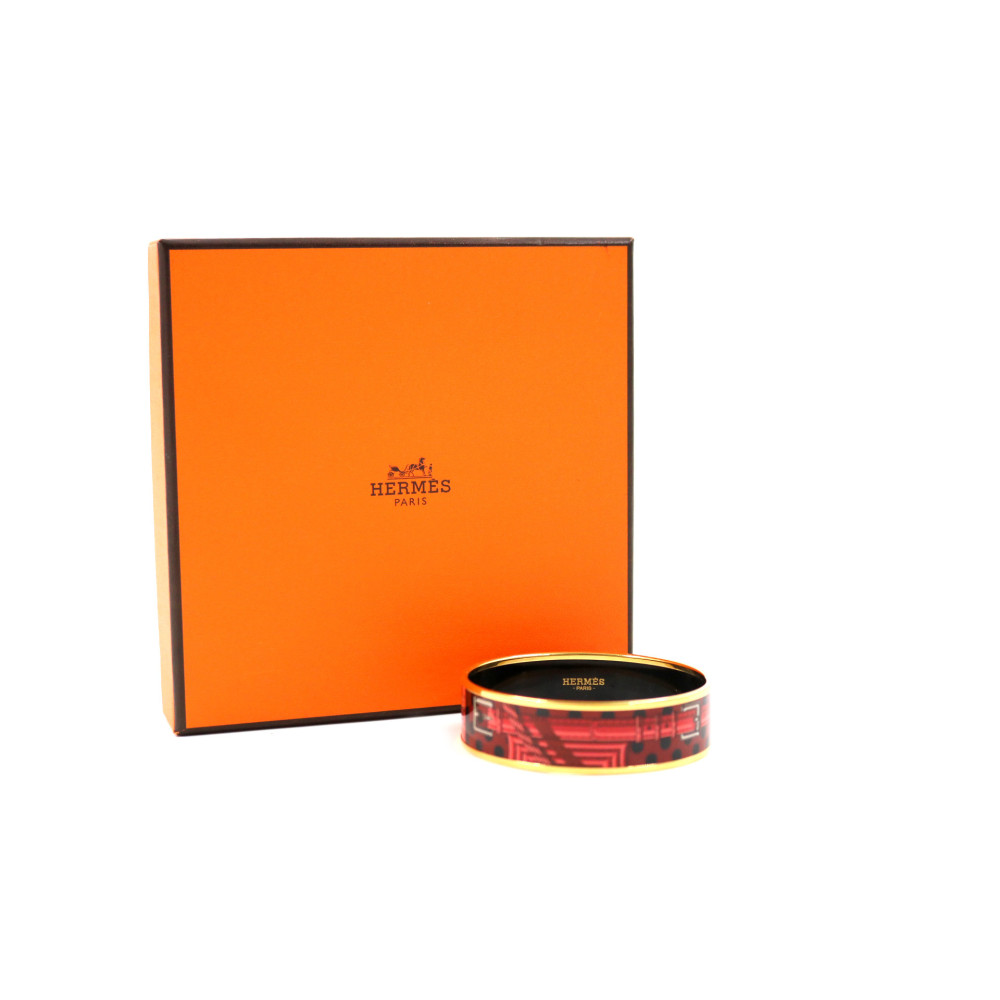 Hermes Bracciale Bangle Metallo Placcato Oro e Smalto Rosso e Nero