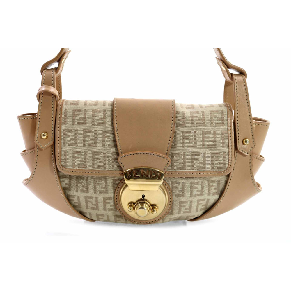 Fendi Pochette Tela e Pelle Beige